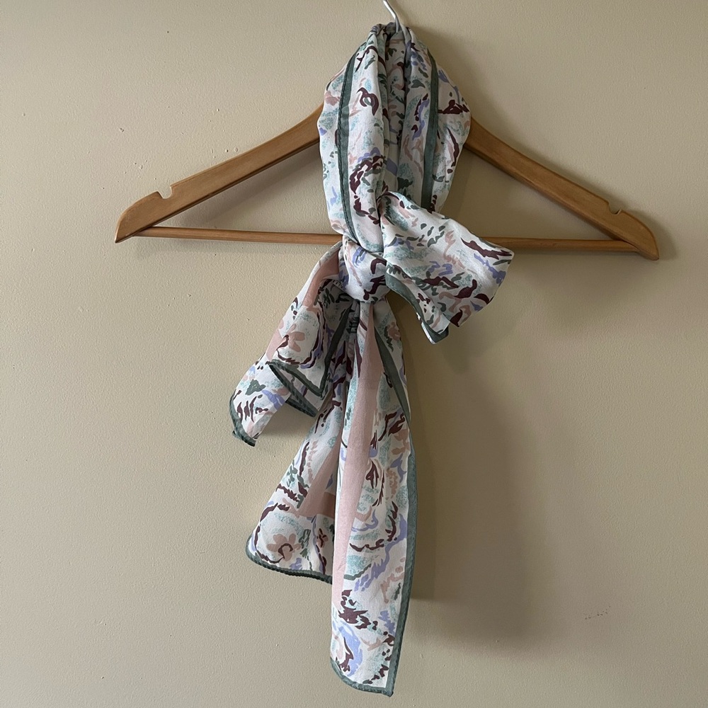 Georgiou Vintage Silk rectangle scarf. Peach green brown on a cream background